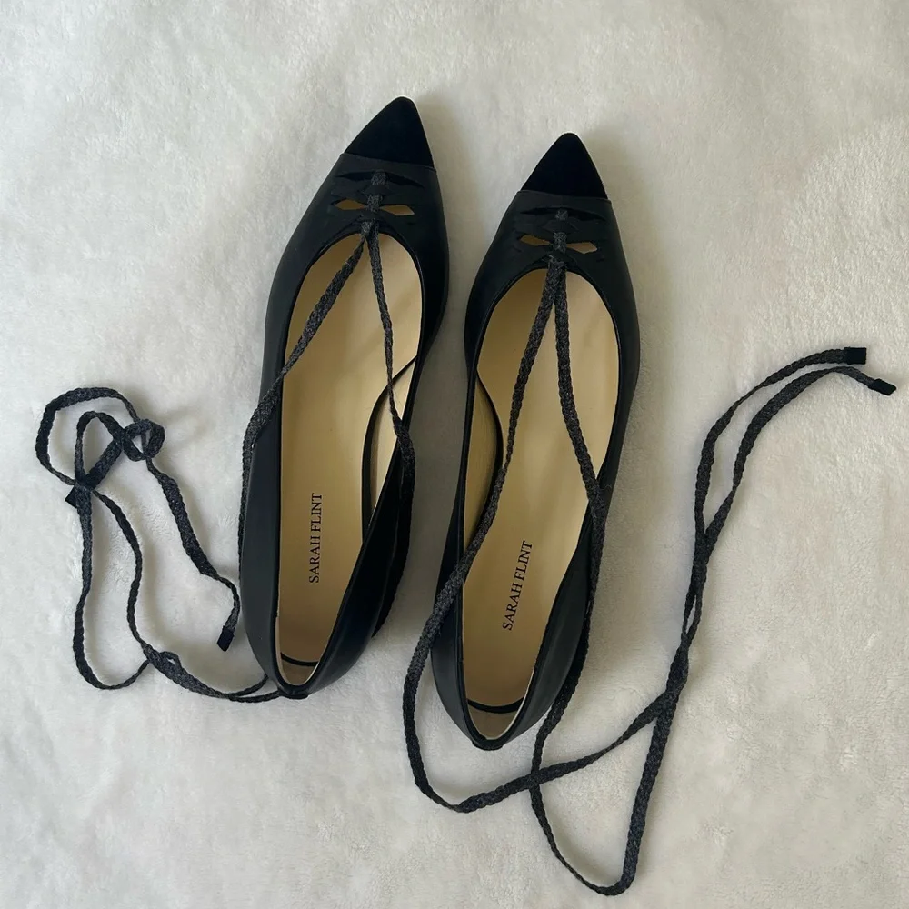Sarah Flint Black Pointed-Toe Lace-Up Flats - Picture 1 of 9